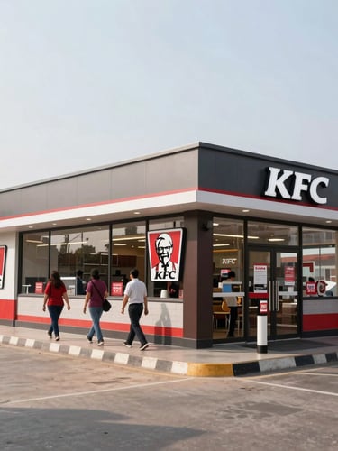 Bustling modern KFC drive-thru lane in India, clean architectural lines, bright daylight, professional branding visible on the building facade.