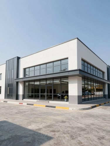 Wide environmental shot of a modern Indian retail development, clean architectural lines, bright daylight, sharp focus, wide-angle lens.