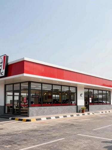 Clean architectural lines of a newly constructed KFC drive-thru in India, bright daylight, sharp focus, wide-angle lens.