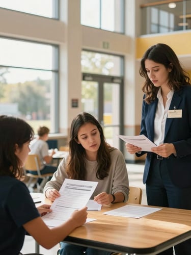 A bright, modern school lobby with large windows, a parent and registrar reviewing enrollment documents at a wooden table, warm natural light.
