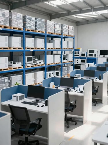 Wide-angle shot of a highly organized modern logistics warehouse in Luanda, shelves stacked with pristine office equipment and industrial goods, bright daylight streaming in, professional corporate photography, 35mm lens