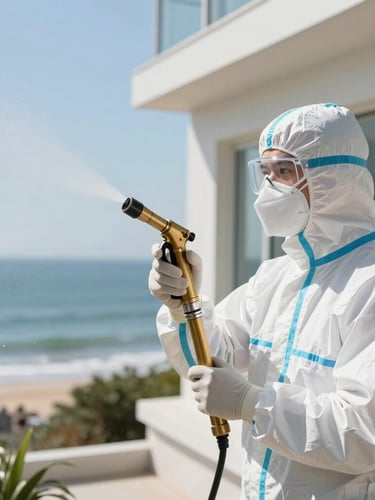 Professional environmental technician in a white protective suit and mask, holding a precise brass nozzle, spraying a clean coastal building exterior in bright daylight, sharp focus.