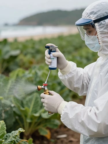 Visão lateral de um técnico de controle de pragas usando luvas de proteção e ajustando uma válvula de spray de precisão, com vegetação costeira desfocada ao fundo.