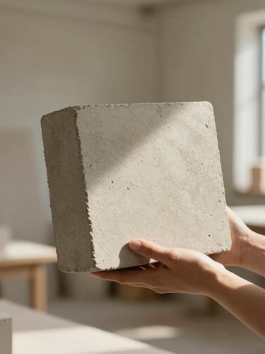 Close-up portrait of a designer in a sunlit architectural workshop, holding a textured concrete block, soft north-facing daylight, warm bone tones, shallow depth of field.