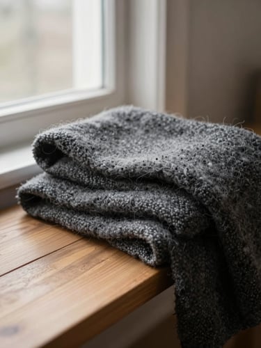 A heavy-gauge charcoal wool blanket draped over a raw wood bench in a quiet corner, soft morning light, shallow depth of field