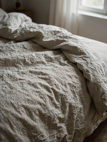 An unmade bed with a rumpled, heavy-gauge undyed linen quilt, natural light hitting the deep creases, 35mm tactile photography