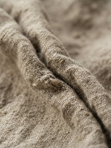 Extreme macro close-up of heavy-gauge undyed Belgian flax linen, deep textile creases, soft morning window light, shallow depth of field