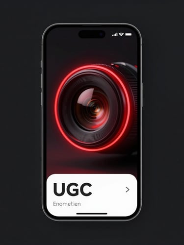 Sleek dark-mode UI photography showing a vertical mobile phone mockup with a high-converting UGC ad active, sharp red neon accent lighting, macro lens