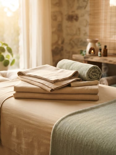 Close-up of neatly folded heated linen sheets on a massage table, soft golden-hour window light, warm sand-beige tones, serene spa environment