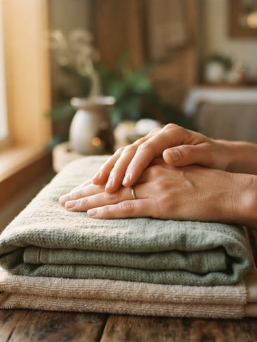 Close-up of warm, soft hands resting on a neatly folded sage green linen towel, warm diffused golden-hour window light, serene spa setting.