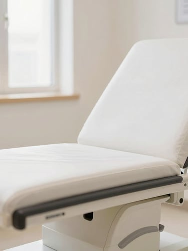 A high-precision clinical interior crop, bright natural daylight, soft clinical white and warm sand tones, shallow depth of field, 35mm