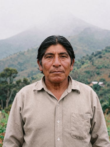 Retrato medio de un artesano de la sierra de Tlacolulan mirando con dignidad a la cámara, fondo de bosque de niebla difuminado, luz natural suave, tonos tierra