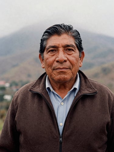 Dignified medium close-up of a community leader in the misty Sierra de Tlacolulan, soft overcast mountain light, warm earthy tones, respectful framing, 35mm film grain.