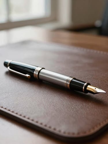 Macro close-up of a high-end physical legal desk, a fountain pen resting on a leather desk mat, soft natural window light from the side, clean and professional atmosphere.