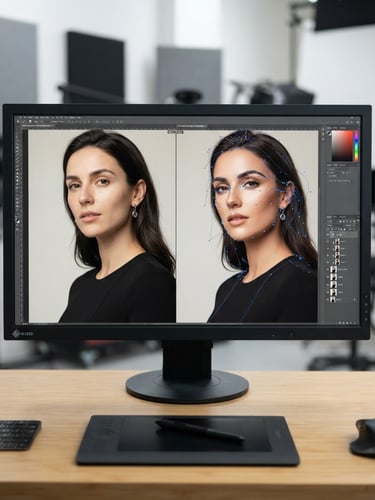 Sharp close-up of a high-end fashion model photo being edited on a color-calibrated monitor, showing clean vector paths and anchor points, neutral studio lighting, 50mm
