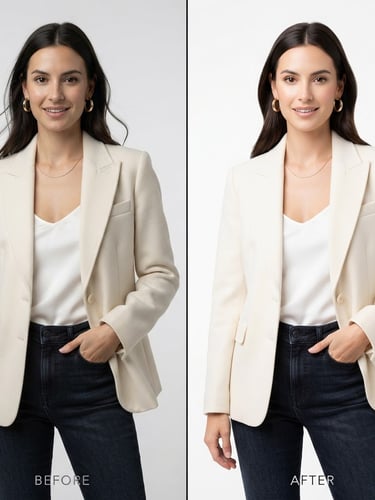 Sharp high-key studio photography, split-screen before-and-after of a fashion model apparel edit, neutral white background, crisp details, 50mm