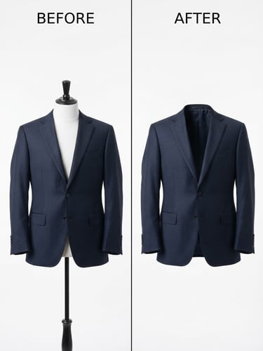 Sharp high-key studio photography, split-screen before-and-after of apparel on invisible mannequin, neutral white background, crisp details, 50mm