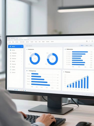 A professional over-the-shoulder view of a modern digital analytics dashboard on a screen, clean bright office setting, crisp daylight, sharp focus, 35mm