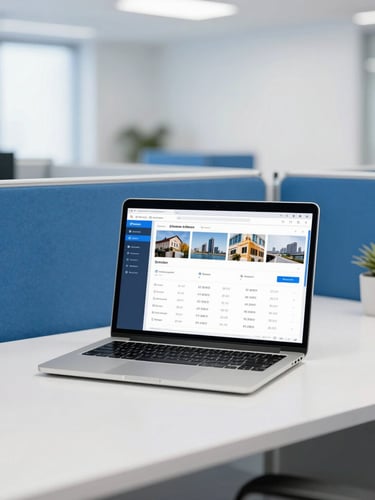 Bright modern office workspace with clean corporate blue accents, a sharp focus on a laptop showing a CRM dashboard, 35mm photography