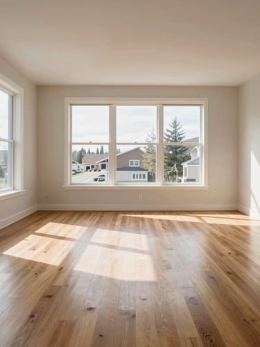 Straight-on wide-angle shot of an immaculate modern Edmonton living room, bright natural daylight streaming through clean windows, spotless hardwood floors, sharp carpet lines.
