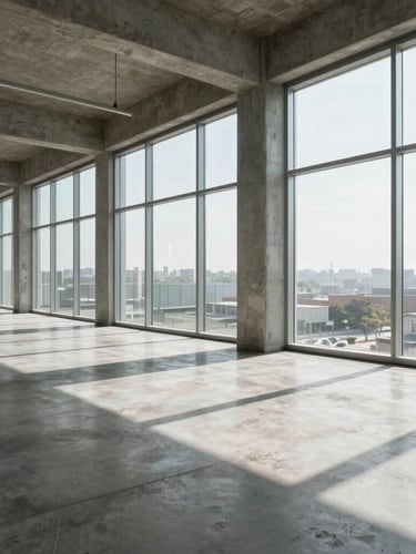 Bright commercial office interior with floor-to-ceiling windows, spotless concrete floors, sunlight casting sharp shadows, wide angle.