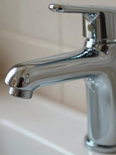 Macro close-up of a polished chrome bathroom faucet reflecting bright daylight, spotless tile grout in the background, sharp focus.