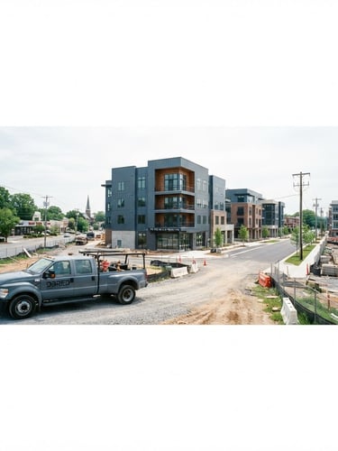 Wide panoramic shot of a modern commercial development site in Hyattsville, Maryland, under bright natural overcast daylight. A branded DBRED truck is visible in the foreground, with architectural elevations of new buildings behind, clean composition, cool blue and slate tones, sharp focus, 35mm lens.