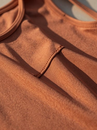 Warm close-up photograph of terracotta activewear fabric texture, soft golden hour lighting, showing premium stitching and weave, shallow depth of field.