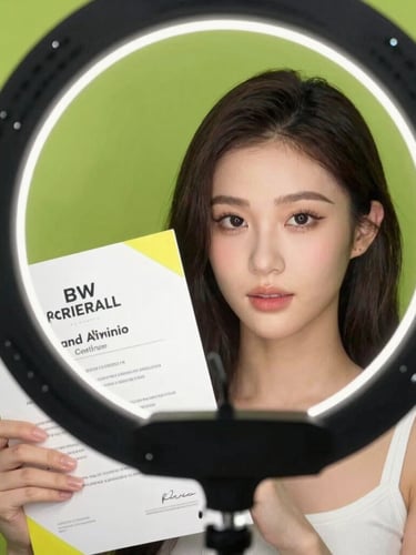 Dynamic medium close-up of a beauty student proudly holding her professional certificate, bright ring-light illumination, high-contrast lime green background, 35mm lens
