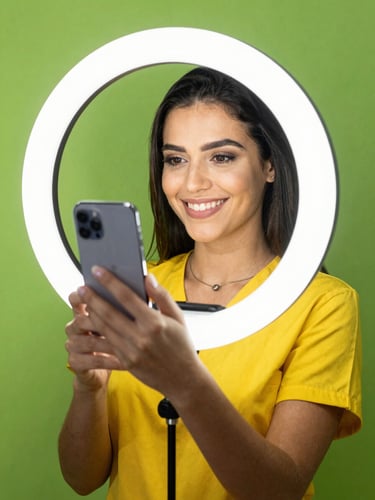A friendly Brazilian beauty professional holding a smartphone and smiling, bright ring-light illumination, high-contrast lime green background, crisp details, 35mm lens