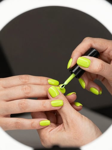 Dynamic close-up of hands painting nails with vibrant lime green polish under bright ring-light illumination, crisp details, 35mm lens