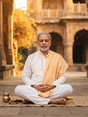 Dignified portrait of Dr. Maheboob R. Kureshi in a meditative posture, warm golden-hour light reflecting soft saffron tones, sharp focus, architectural background.