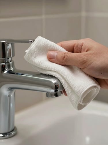 Extreme close-up framing of a gloved hand wiping a chrome bathroom fixture with a folded microfiber cloth — shadowless even studio lighting, surface reflection visible, tight crop showing only the fixture and a few inches of surrounding tile grout, no person above the wrist, no face