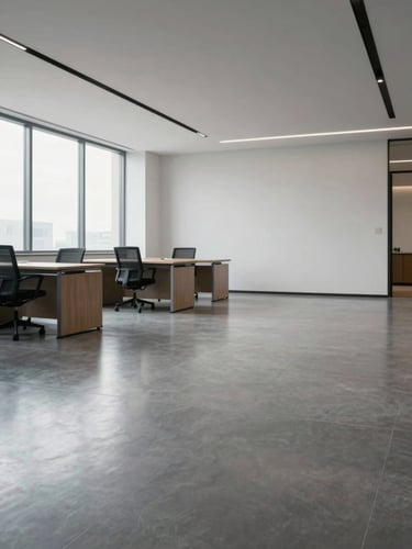 Wide environmental shot of a freshly cleaned open-plan office interior, empty desks and floors gleaming under even diffused window light from the left, looking toward the far wall with clean architectural lines, no people present, shot from a low angle to emphasize floor detail
