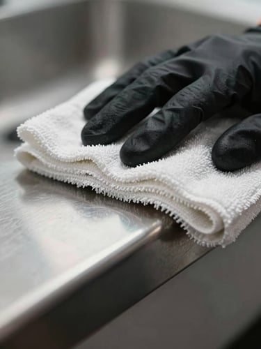 Extreme close-up of a gloved hand wiping a stainless steel fixture with a microfibre cloth — tight macro framing on the contact point, even studio-quality light, the metal surface reflects the cloth in sharp detail, no faces or background visible