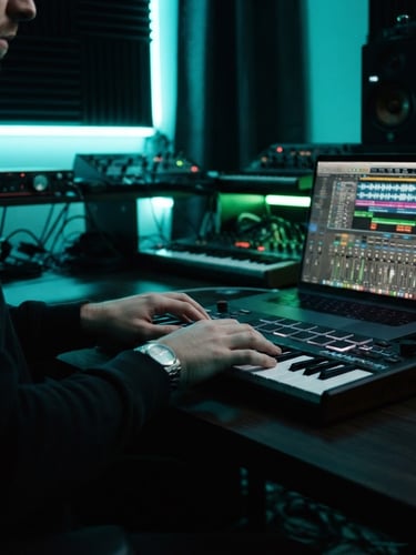 Moody music production studio at night, glowing laptop screen displaying a complex digital audio workstation waveform, hands resting on a sleek MIDI keyboard controller, vibrant cyan and neon green LED strip lights casting soft reflections, 35mm photography