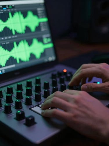 Close-up of hands adjusting a high-end MIDI controller next to a laptop screen displaying a neon green waveform editor, dark studio setting, 35mm