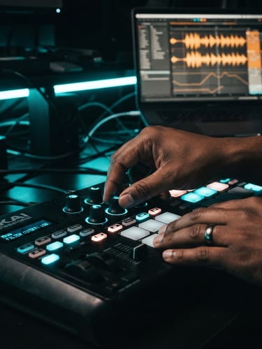 Tight macro shot of hands adjusting a high-end MIDI controller, glowing laptop screen displaying a complex waveform editor in the background, moody neon cyan LED accent lighting, 35mm