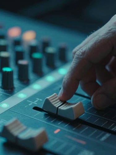 Close-up macro shot of a producer's hand adjusting a fader on a mixing console, glowing neon cyan ambient light, dark studio background, 35mm.