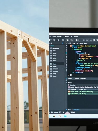 A split-screen composition showing architectural timber framing on the left and a clean digital code editor on the right, bright natural daylight, high-contrast cool tones, 35mm