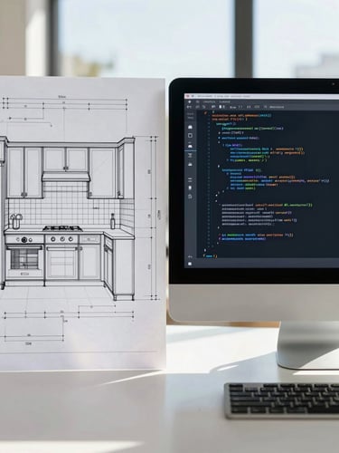 A split-screen composition showing a sharp architectural blueprint of a kitchen renovation on the left, and clean lines of code on a dark monitor on the right, bright natural daylight, 35mm