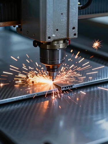 Extreme close-up of a CNC laser cutting head slicing through a 10mm carbon steel plate, brilliant orange sparks flying outward, high-contrast cool blue ambient workshop lighting reflecting on the raw metal surface, showing a perfectly clean and burr-free edge.