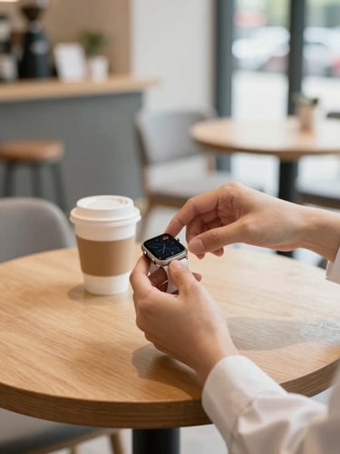 Hands exchanging a clean Apple Watch safely over a wooden table in a bright, modern local coffee shop, soft natural daylight, professional and trustworthy atmosphere