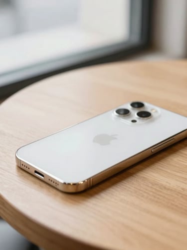 Close-up of a clean, modern iPhone resting on a light oak coffee shop table, soft morning window light, shallow depth of field