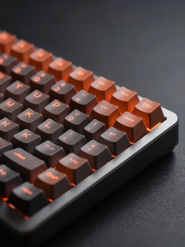 Close-up of a rugged mechanical keyboard with neon orange keycaps catching sharp studio rim light, dark graphite background