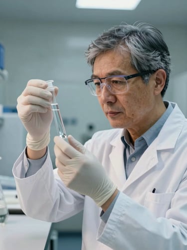 A German chemical engineer in a clean white lab coat inspecting a liquid sample in a sterile laboratory environment
