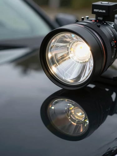Macro close-up of a high-intensity clinical LED inspection light reflecting off a perfectly corrected black car hood, revealing zero defects, daylight-balanced lighting.