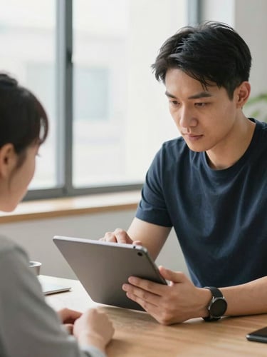 Medium shot of a professional trainer guiding a student over a tablet in a bright, daylight-filled office, focused on active collaboration.