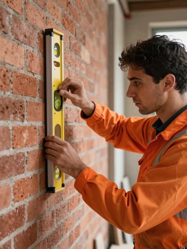 Gros plan sur un formateur en bâtiment montrant l'ajustement précis d'un niveau à bulle sur un mur en briques à un apprenti en gilet orange.