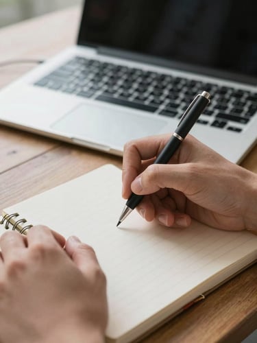 Close-up of hands writing on a notebook next to a laptop during a sales negotiation simulation, natural daylight.